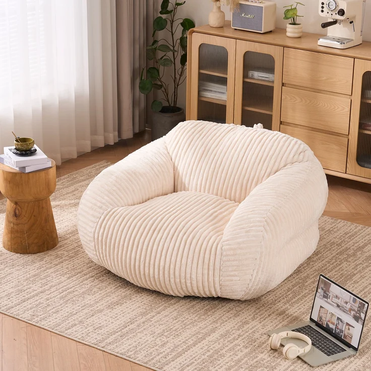 Sitzsack, Cord, mit Rückenlehne & hochdichtem Schaumstoff, 116x110x61 cm, Beige – Bild 1