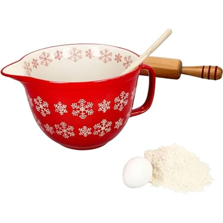 MamboCat Servierschale Rührschüssel Schneeflocke rot creme 2,5L Teigschale mit Griff Kekse, Steingut – Bild 2