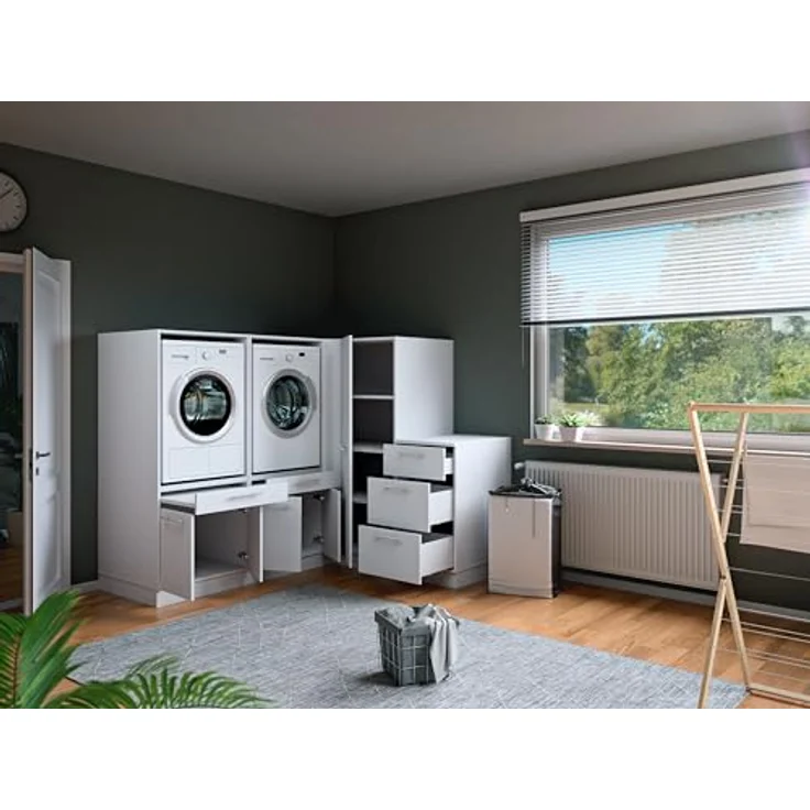 Laundreezy Waschraum Komplett-Set, Weiß - Modulares Schranksystem für Waschküche & Hauswirtschaftsraum - 203 x 162 x 68 cm (B/H/T) – Bild 7