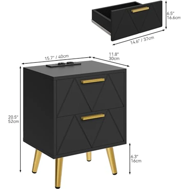 YITAHOME Nachttisch mit 2 Schubladen, 2 USB-Anschlüssen und Steckdosen, Nachtkommode mit Goldenen Metallbeinen und Griffen, Beistelltisch mit Stauraum für Wohnzimmer, Schlafzimmer, 40 x 30 x 52 cm, Schwarz – Bild 3