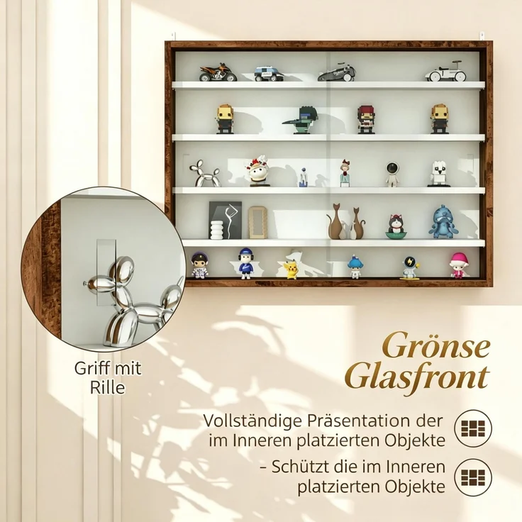 Dekorative Wandvitrine für Sammlerstücke, 5 höhenverstellbare Einlegeböden & 2 Schiebetüren(nur mit Wandbildschirm)--Braun + Weiß--80x9.5x60cm--YOUDENOVA – Bild 3