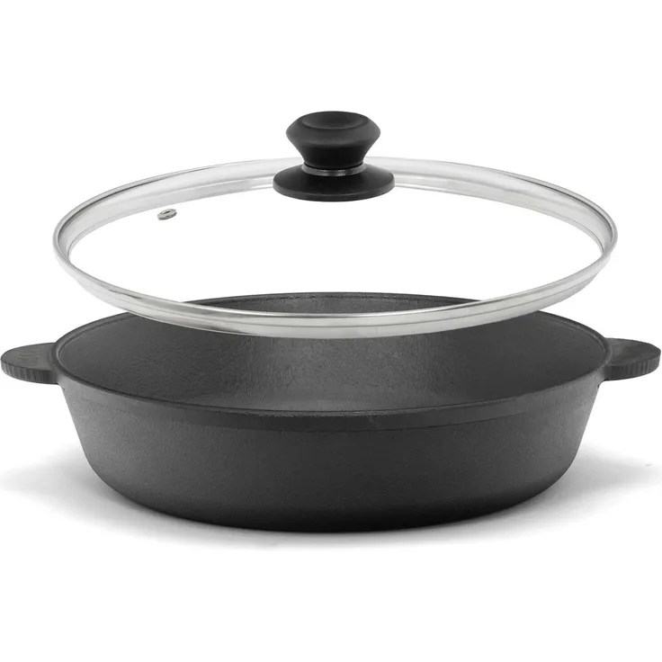 Ø28cm Gusseisenpfanne mit Glasdeckel Bräter Schmortopf aus Gusseisen zwei Griffe Servierpfanne