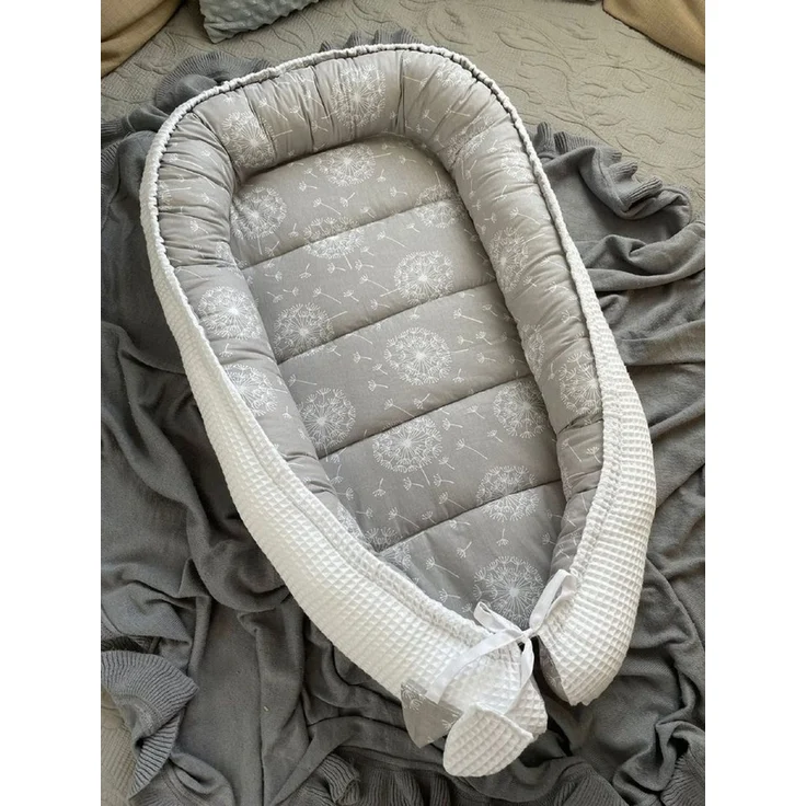 Loolay Bettnestchen WAFFELPIQUE Baumwolle BABYNEST Babykokon Neugeborene Babyausstattung, (Reisebett Nestchen SOLO/ o. in Geschenk SETS, 1-tlg, 4 Jahreszeiten WAFFELSTOFF - Design: Pustelblume Grau/ WAFFEL Weiß), 100% Europäische Stoffe und Kleinserien... – Bild 3