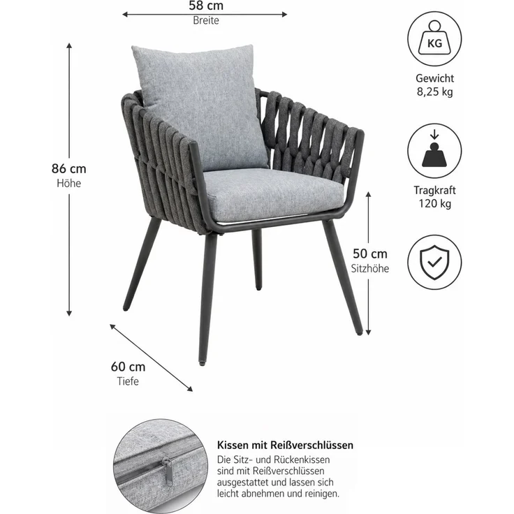 Gardissimo Nizza 2er-Set Rope Alu Loungesessel Dining Gartenstuhl grau – Bild 4