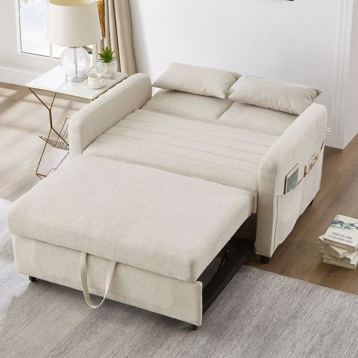 2-Sitzer Schlafsofa ausziehbar Baumwoll-Leinen, verstellbare Rückenlehne, Doppelbett Sofa für Wohnzimmer,Beige – Bild 2