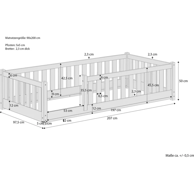 Kinderbett, Holzbett 90x200 mit Rundumsicherung Kiefer natur lackiert V-60.77-09Rollrost inkl. – Bild 3