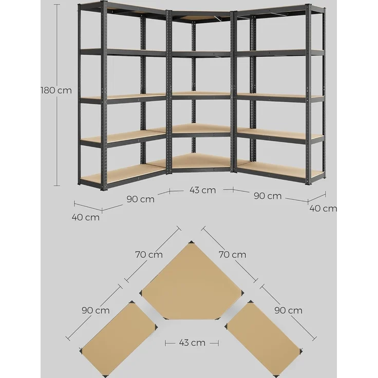 SONGMICS Eckregal-Set 5 Ebenen, Schwerlastregal, Metall, Lagerregal für Garage, Abstellraum, Kellerregal, bis 2625 kg belastbar, tintenschwarz-naturbeige GLR070B03 – Bild 3
