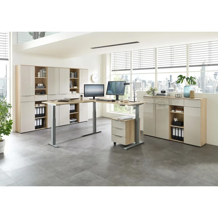 Komplettbüro SANTORIN I Riva Eiche & Glas Cashmere 10-teilig