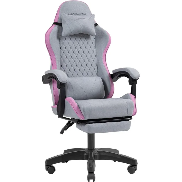 Mars Gaming MGC-X, Ergonomischer Gaming-Stuhl, Atmungsaktiver Stoff, Verstellbare Rückenlehne und Höhe, Dynamische Armlehnen, Nacken- und Lendenkissen, Bürostuhl mit Ausziehbarer Fußstütze, Rosa