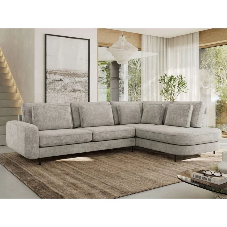 CALENO L-Form Ecksofa 317x225 cm, Massivholz-Rahmen & Wellenfedern, Sitzhöhe 51 cm, modernes Polstersofa rückenecht bezogen & freistehend - Hellgrau Schenille grob gewebt - Rechts Seite