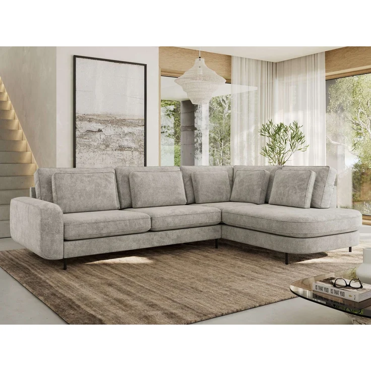 CALENO L-Form Ecksofa 317x225 cm, Massivholz-Rahmen & Wellenfedern, Sitzhöhe 51 cm, modernes Polstersofa rückenecht bezogen & freistehend - Hellgrau Schenille grob gewebt - Rechts Seite – Bild 1