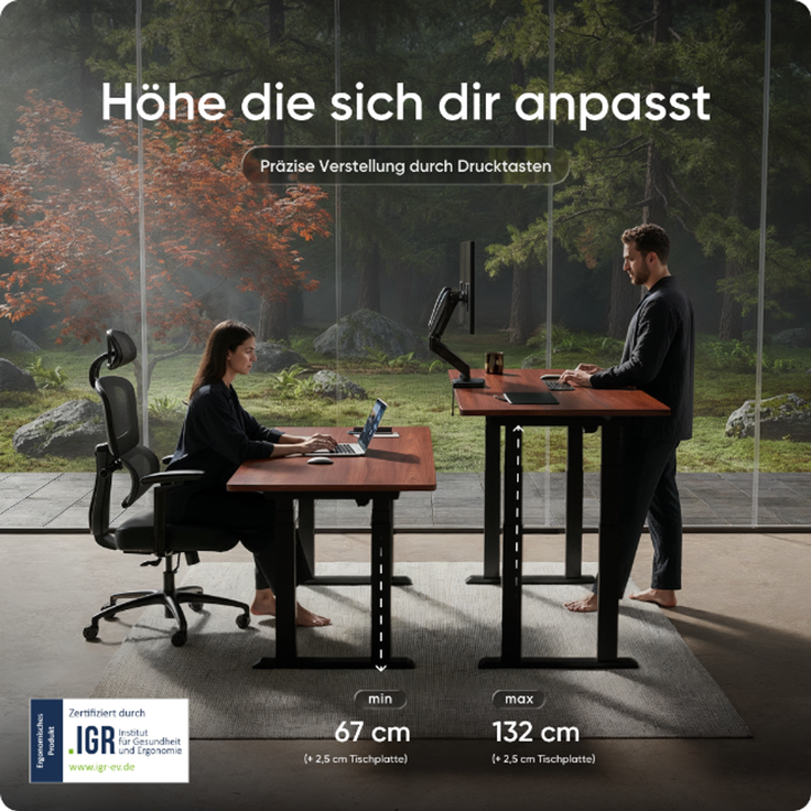 DESKSPACE Höhenverstellbarer Schreibtisch elektrisch mit leisem Dual-Motor – stabiles 4-Bein-Gestell (Schwarzes Gestell, Mahagoni Tischplatte, 120×60 cm) – Bild 5