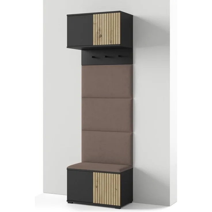 Garderoben-Set Rosario Version 5 mit Lamellen, mit Polsterplatten und Schuhschrank (Schwarz / Eiche Artisan, Trinity 06), 225 x 40 x 70 cm