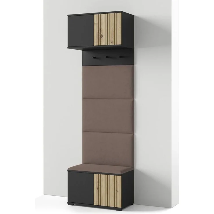 Garderoben-Set Rosario Version 5 mit Lamellen, mit Polsterplatten und Schuhschrank (Schwarz / Eiche Artisan, Trinity 06), 225 x 40 x 70 cm – Bild 1