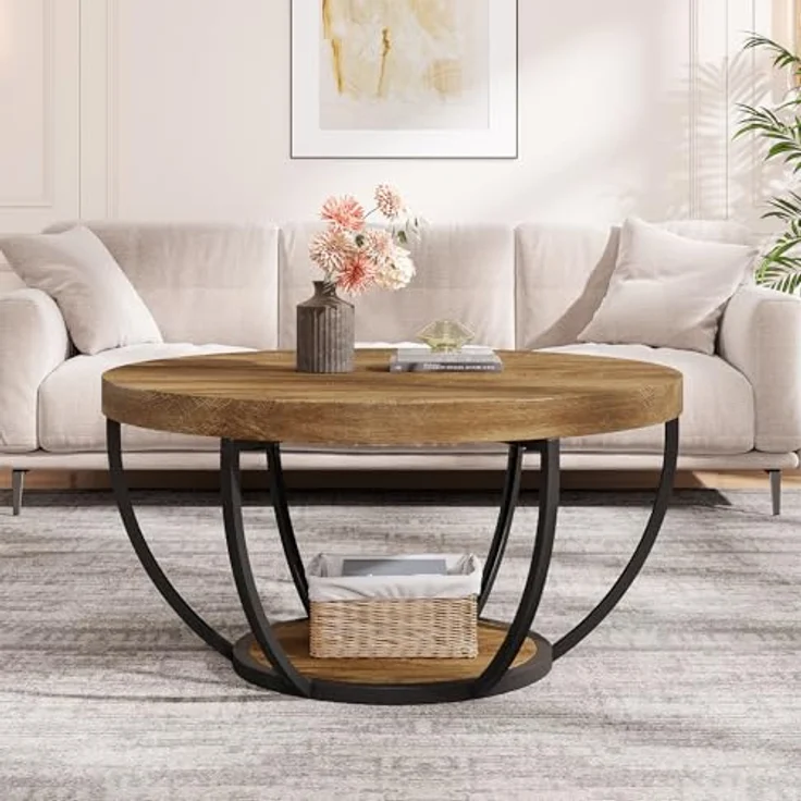 LITTLE TREE Runder Couchtisch, 81,3 cm, runder Couchtisch für Wohnzimmer, 2-stöckiger Holzakzent-Mitteltisch mit offenem Stauraum, Industrie-Design, Wohnmöbel, Hellbraun – Bild 6