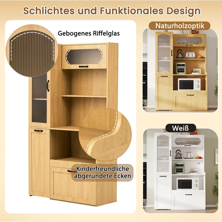 EINHOM Highboard mit verstellbaren Regalböden und Schubladen, Küchenschrank mit ausziehbaren Regalböden und Riffelglas, Ideal für Esszimmer, Wohnzimmer und Küche (Natur) – Bild 6