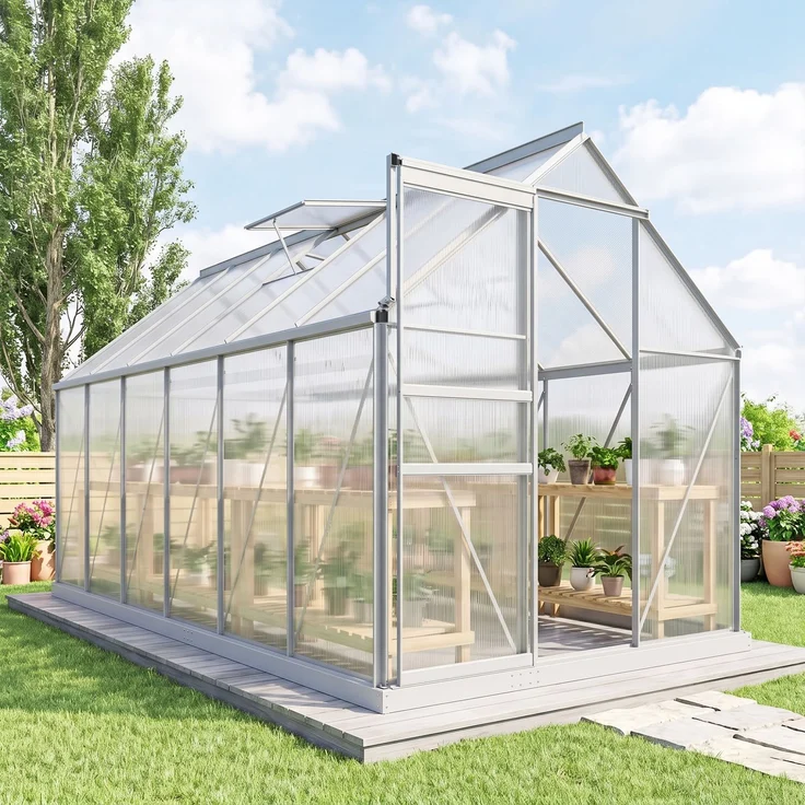 Wohnora-7,1 m² großes Gewächshaus aus Aluminium und Polycarbonat mit Fundament, 190 x 375 x 199 cm, Gewächshaus mit Fenster,H 1990cm x T 1330cm x B 3750cm,Geld – Bild 2