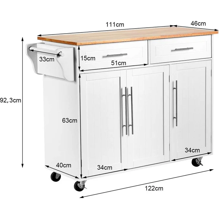COSTWAY Kuechenwagen auf Rollen, Servierwagen Kueche, Kuechentrolley mit Schubladen, Beistellwagen weiss – Bild 2