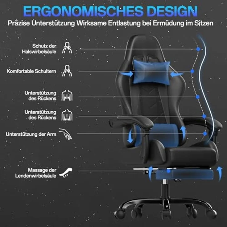 JUMMICO Gaming Stuhl Massage, Bürostuhl Ergonomisch Mit Massage-Lendenkissen, Gamer Stuhl verstellbare Rückenlehne 90-150°,und fußstütze, Gamingstuhl 150 kg belastbarkeit, Schwarz – Bild 5