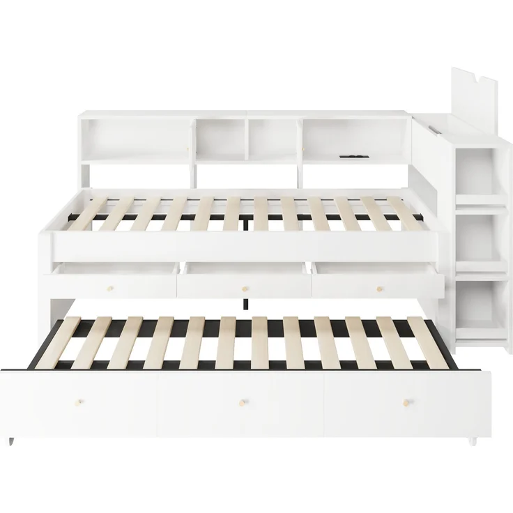 Stauraumbett 90x200 cm mit 3 Schubladen, Ausziehbett und USB-Anschluss – Weiß (ohne Matratze) – Bild 8