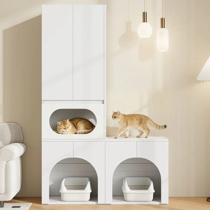 Katzentoilettenschrank, Haustierschrank, Haustier-Aufbewahrungsschrank, für 2 Katzentoiletten, mit Kratzsäule und Ruhebereich, Haustierschrank für Katzen und Hunde, weiß, 140 x 45 x 195 cm--Weiß--140x45x195cm--YOUDENOVA – Bild 3