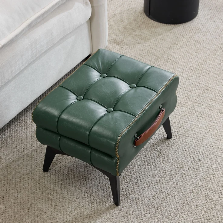 Tragbarer Fußhocker aus grünem Leder mit Metallbeinen, Multifunktionaler Fußhocker, Mehrzweck-Schuhwechselhocker für Wohn- und Schlafzimmer, Einfache Form, passend für verschiedene Wohnstile.--Grün--43x33x30cm--YOUDENOVA – Bild 4