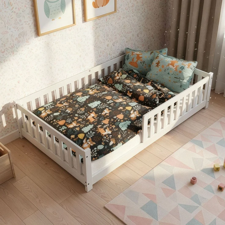 Juskys 'Naya' Kinderbett - mit Rausfallschutz & Lattenrost - Bodenbett für Kinder 3 -10 Jahre - modern, Holz Weiß, 120x200 cm – Bild 1
