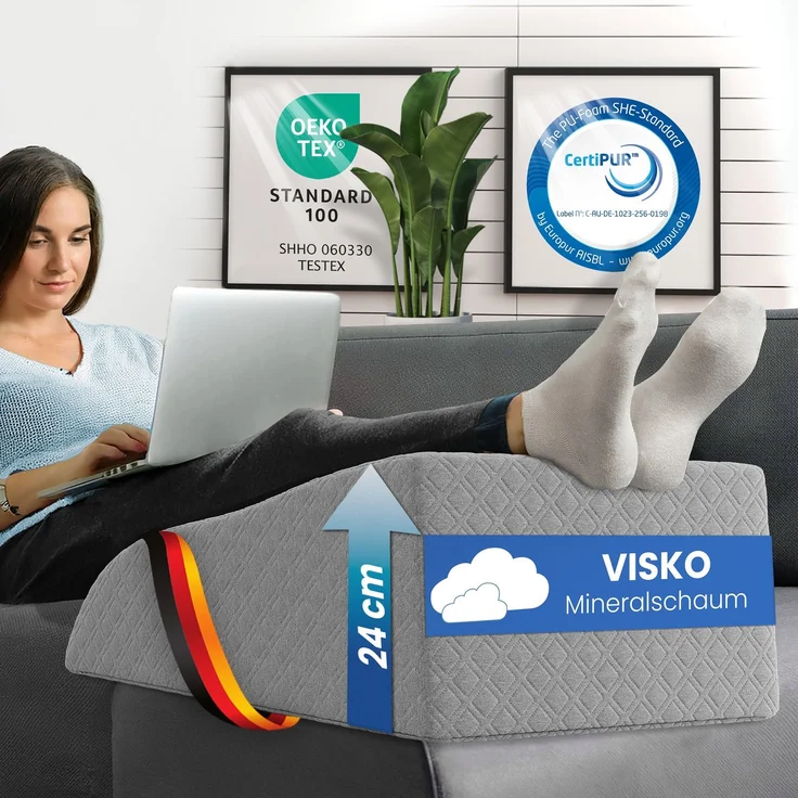 ELONEO Beinhochlagerungskissen aus Memory Foam, Beinkissen zur Entlastung, Lagerungskissen mit abnehmbaren Bezug, 62x40x24cm, grau – Bild 1