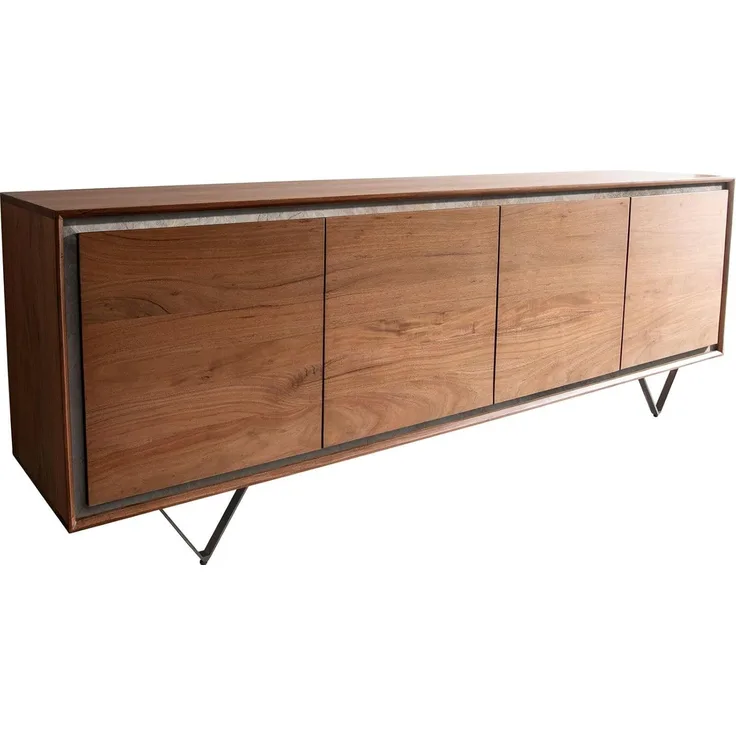 Sideboard Stonegrace 200 cm Akazie Braun Steinfurnier 4 Türen V-Fuß Schwarz