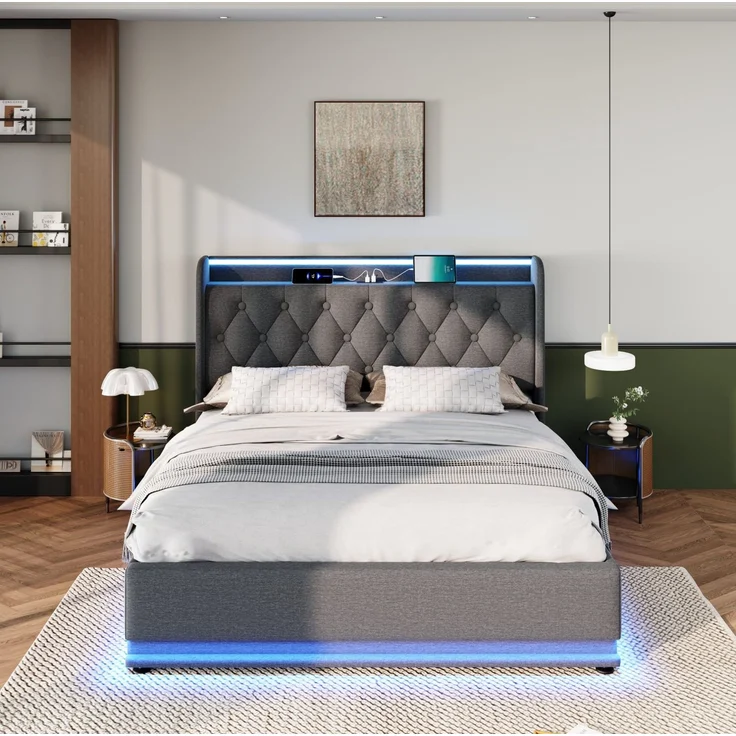 Polsterbett mit LED, USB-Anschluss & Stauraum, 140x190 cm, Grau, ohne Matratze – Bild 4