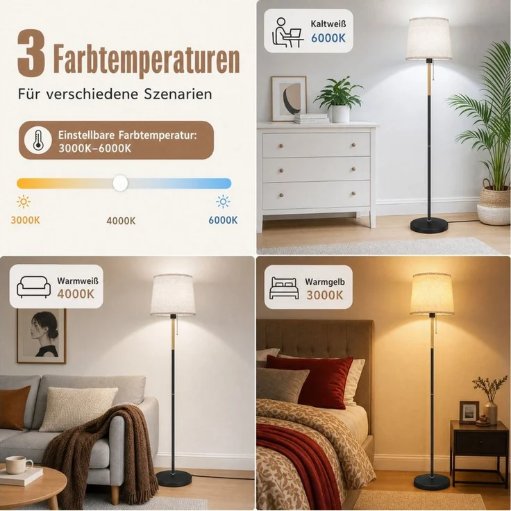 TLGREEN Stehlampe LED Stehleuchte, Wohnzimmerlampe, E27 Lampensockel, Max. 60W, mit 9W LED-Glühbirne, LED wechselbar, 170cm Höhe für Wohnzimmer, Schlafzimmer, Arbeitszimmer, Stehlampe Leinen Lampenschirm – Bild 2