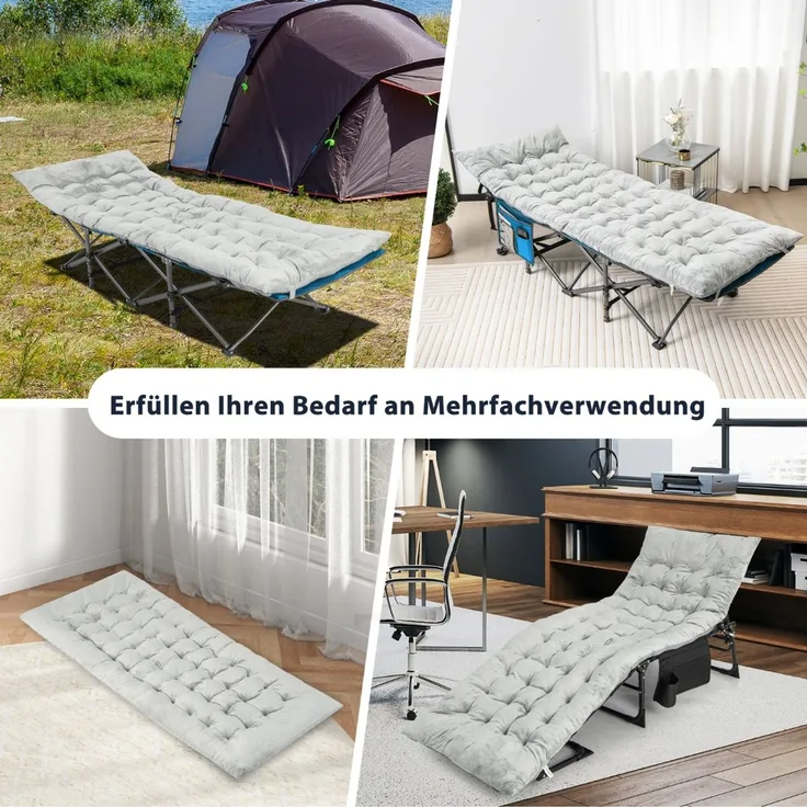 190 x 70 cm Baumwolle Feldbett Auflage 7 cm Dicke Martratze mit 4 Befestigungsbändern Grau