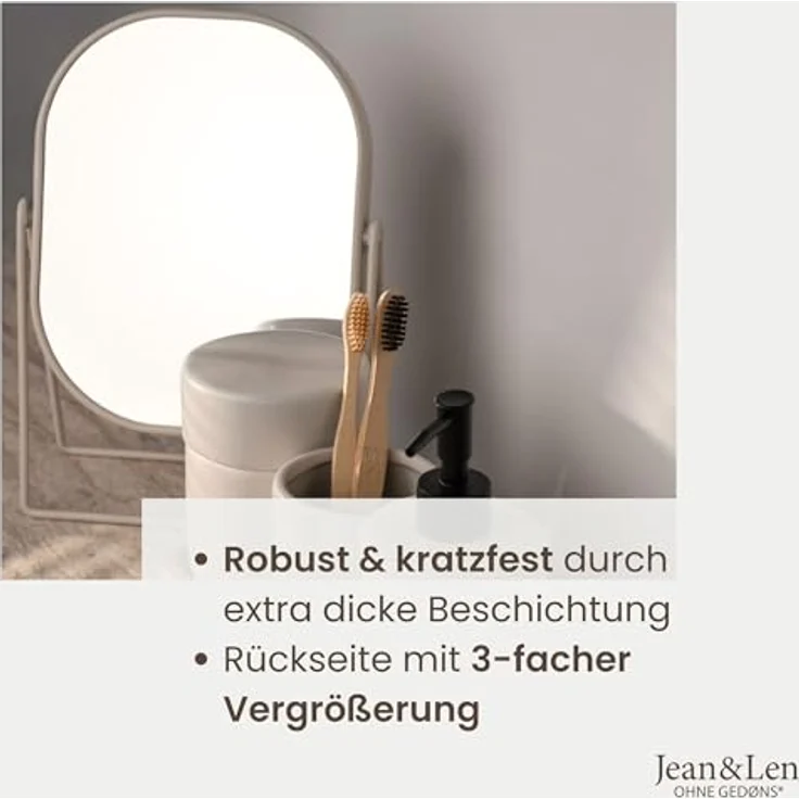 Jean & Len Kosmetikspiegel beige, zweiseitig mit 3-facher Vergrößerung, 20 x 27 cm, robust und kratzfest – Bild 3