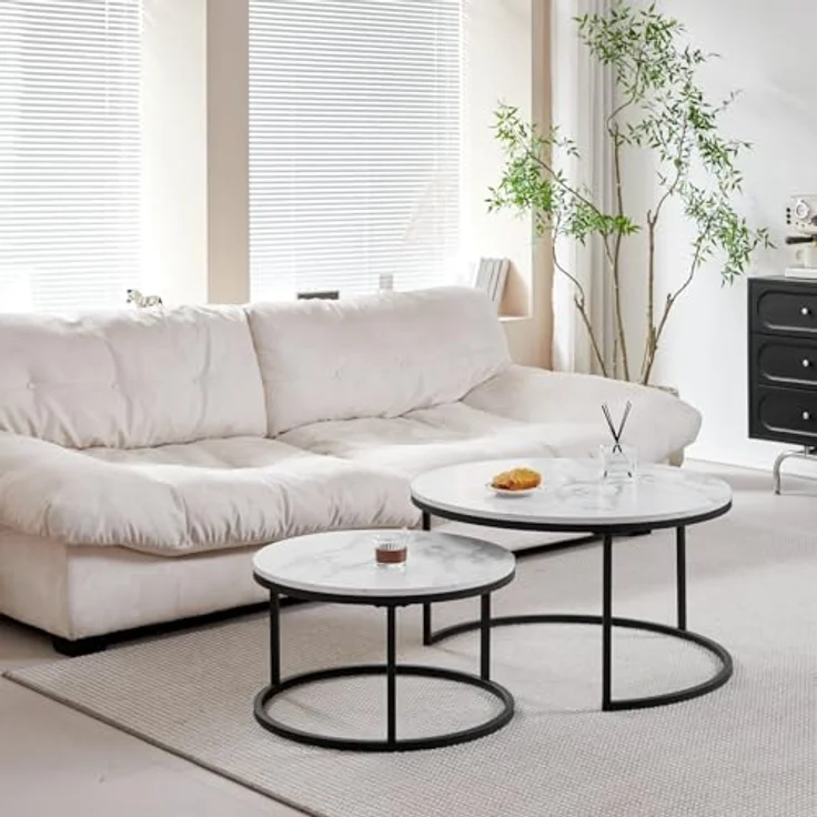 GrandCA HOME Couchtisch 2er Set,Stapelbarer Couchtisch, Couchtische Rund, Marmorierte MDF-Tischplatte, Schwarze Tischbeine aus Edelstahl，Geeignet für Wohnzimmer, Esszimmer（Ø80x45H cm，Ø60x35H cm） – Bild 3