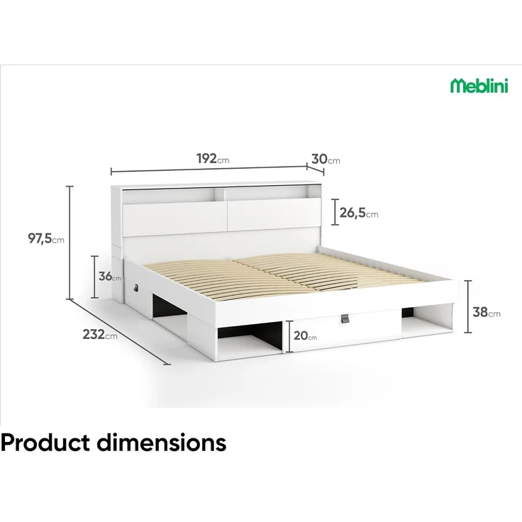 MEBLINI Funktionsbett 180x200 – SMARTEE mit Lattenrost und Matratze – Weiß/Schwarz - Schrankbett mit LED - Bett mit Stauraum - Doppelbett mit Schubladen - Stauraumbett - Bettkästen mit Aufbewahrung – Bild 2