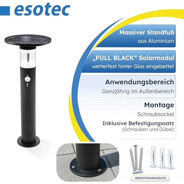 Esotec Solar PIR Standleuchte Amelia 53, Bewegungsmelder, 3 Leuchtmodi, Akku, wetterfest, schwarz, Höhe 55,5 cm, IP44 – Bild 5
