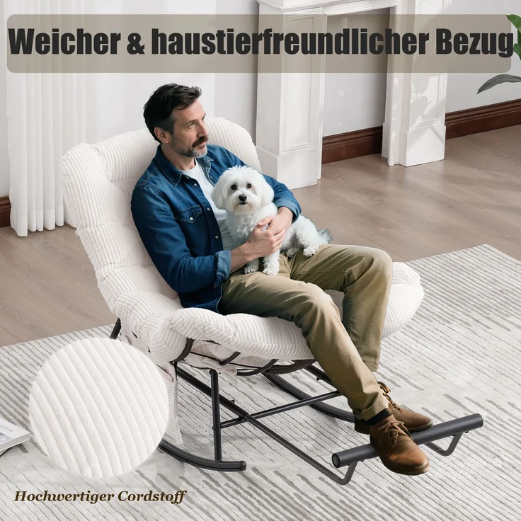LVHOM Schaukelstuhl mit ausziehbarer Fußstütze, Rattanstuhl mit Stahlrahmen, Schaukelsessel mit gepolstertem Kissen und Seitentasche, Lounge Sessel, 1 St, Beige – Bild 6