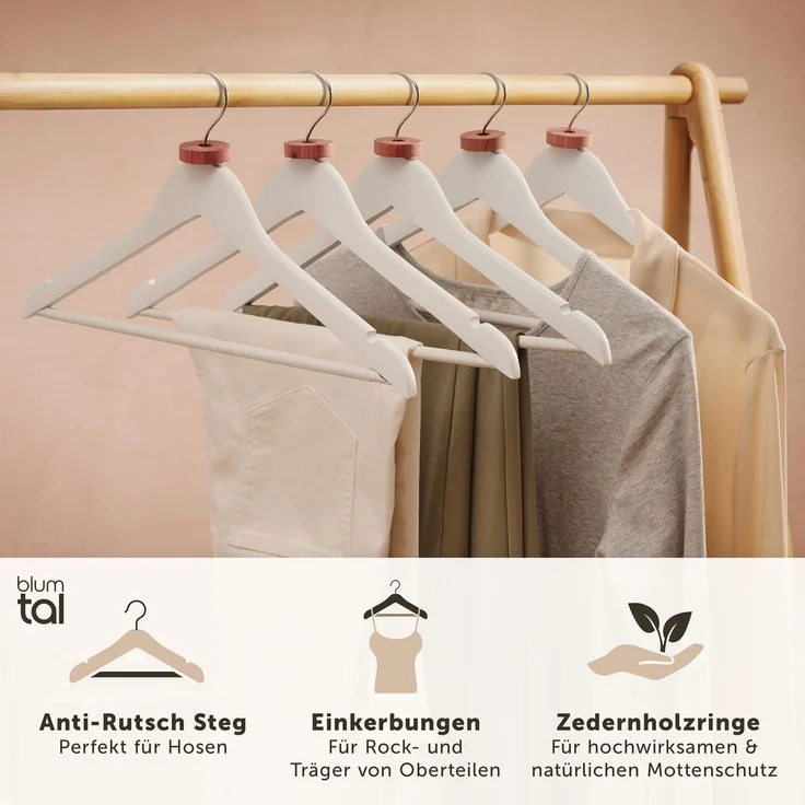 Blumtal Kleiderbügel Kleiderbügel Holz mit 360° drehbarem Metallhaken, (40-tlg), Zedernholz Mottenschutz mit Anti-Rutsch-Schicht & Einkerbungen – Bild 2