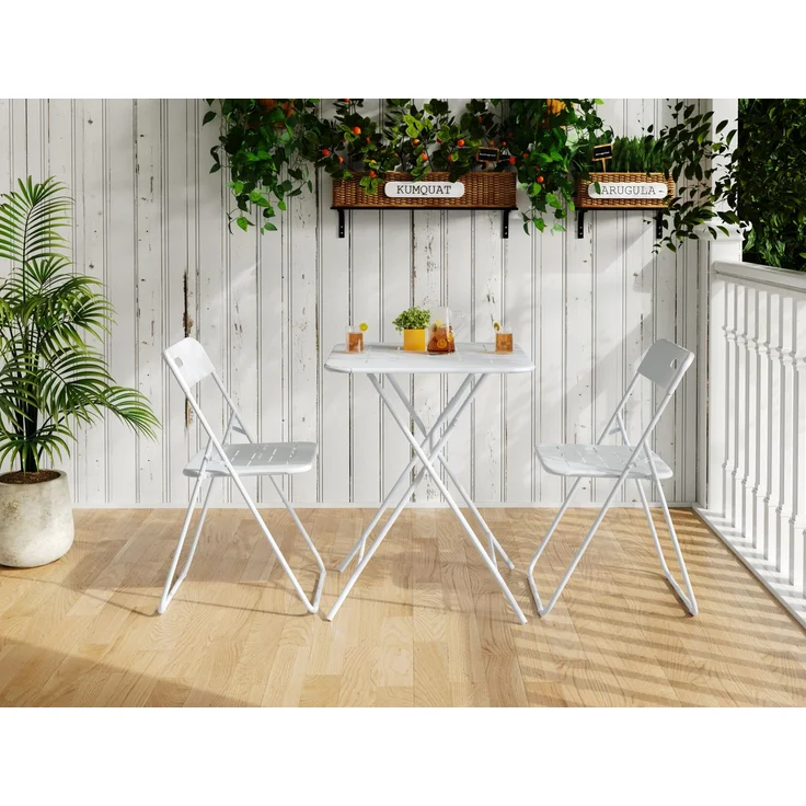 Bistro-Set aus Stahl, klappbar, 3-teilig, Tisch 60x60x73 cm, Weiß – Bild 1
