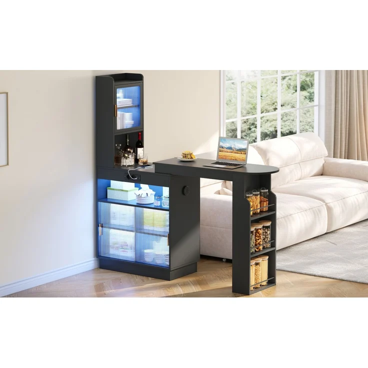 ZUBALIYA Küchenschrank mit Glastüren / Barschrank & Sideboard, mit ausziehbarer Bartisch & Stehtisch mit Stauraum und steckdose, Schwarz, 131–170 x 40 x 170 cm, fürs Büro, mit LED, Samt – Bild 19