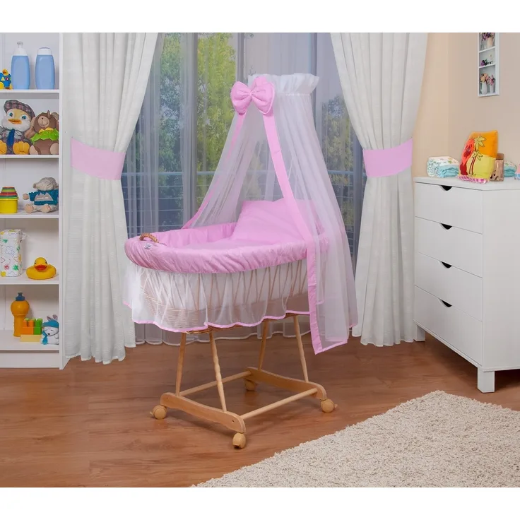WALDIN Stubenwagen-Set mit Ausstattung, Gestell natur, Ausstattung weiß/rosa