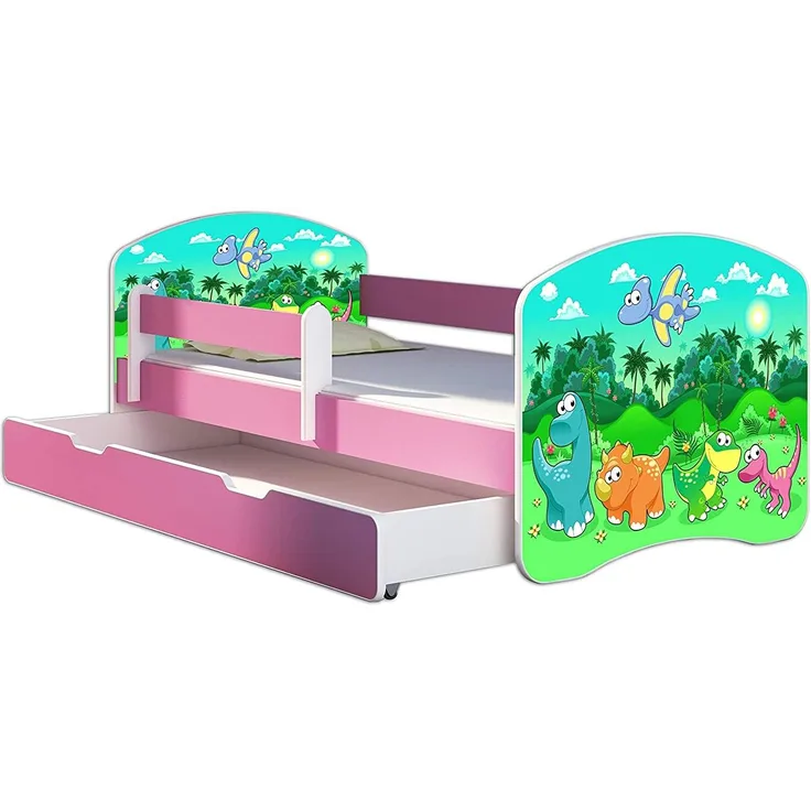 Kinderbett Jugendbett mit einer Schublade und Matratze Rausfallschutz Rosa 70x140 80x160 80x180 ACMA II (30 Dino, 80x180 cm mit Bettkasten)