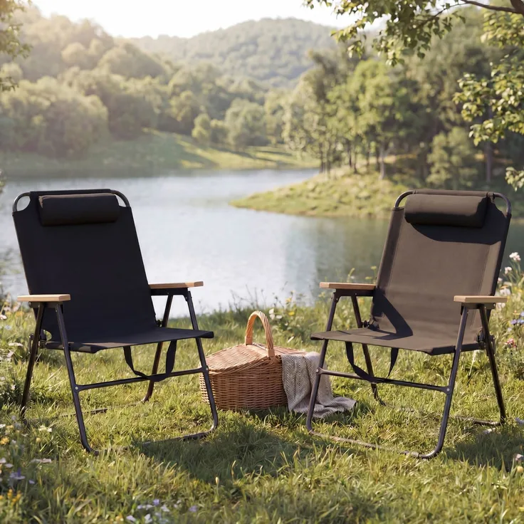 2er-Set Campingstuhl HWC-Q44, Gartenstuhl Balkonstuhl Freizeitstuhl, klappbar verstellbar Outdoor Metall Stoff ~ schwarz