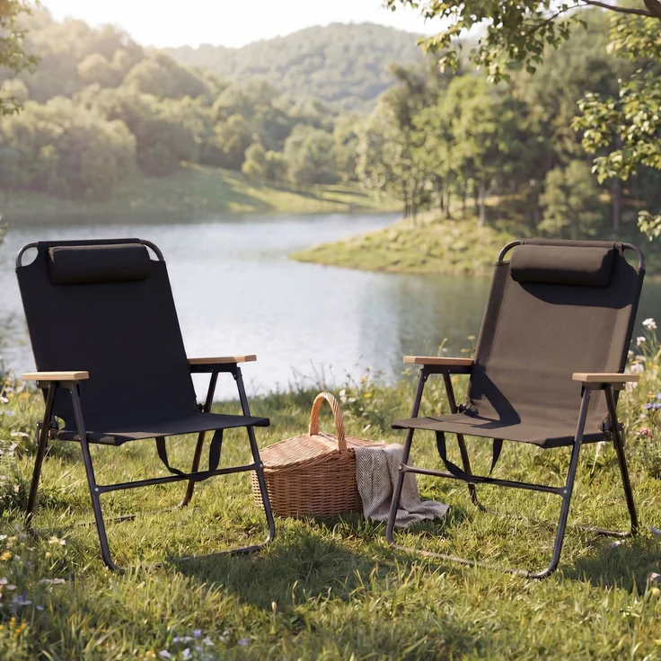 2er-Set Campingstuhl HWC-Q44, Gartenstuhl Balkonstuhl Freizeitstuhl, klappbar verstellbar Outdoor Metall Stoff ~ schwarz – Bild 1