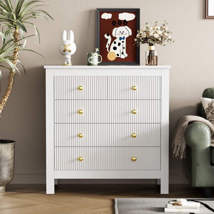 Kommode mit 5 Schubladen Weiss Struktur Front Gold Griffe Sideboard Aufbewahrung Schrank Schlafzimmer Wohnzimmer 80cm – Bild 2