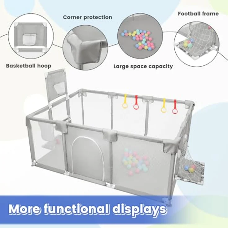 Laufgitter für Kinder mit Saugnäpfen, Verbesserte Version 2025 Babygehege 300D Oxford-Gewebe, Aktivitätszentrum für Kinder, einfach zu montieren und zu reinigen - 180 x 120 x 66 cm - Hellgrau – Bild 6