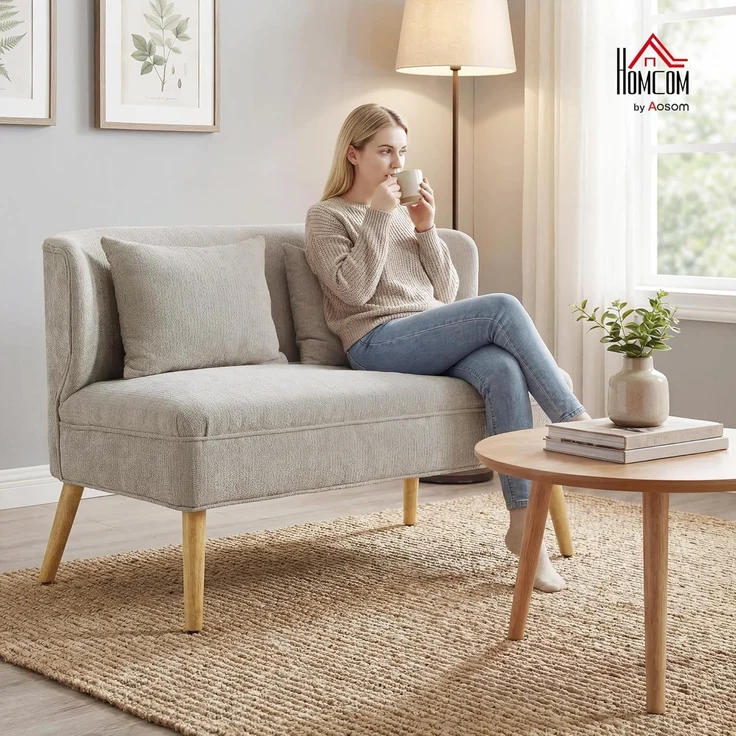 HOMCOM Loveseat kleine Couch mit Flügelrücken, 2 Wurfkissen (117 cm Dick Gepolstert Doppelsofa, 1-St, Modern Polstersofa), für Wohnzimmer, Schlafzimmer, Beige – Bild 2