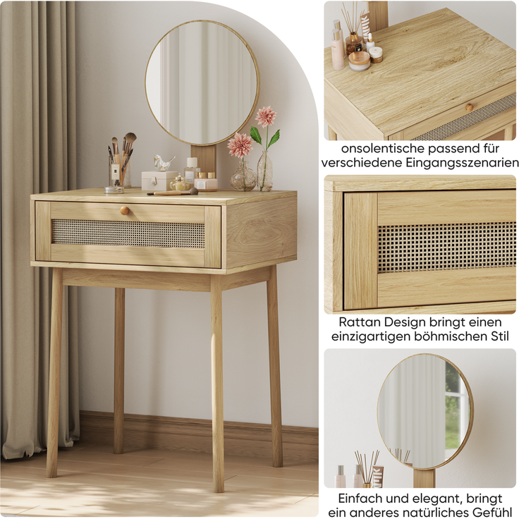 Schminktisch mit rundem Spiegel und Schubladen, 60x50x128 cm, Eiche – Bild 5