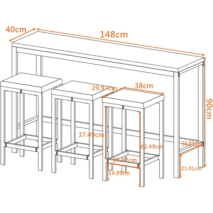 4-teiliges Esstisch-Set mit 1 Bartisch und 3 Hockern mit Metallrahmen und MDF-Holzplatte,hohe Tragfähigkeit,Braun & grau – Bild 5