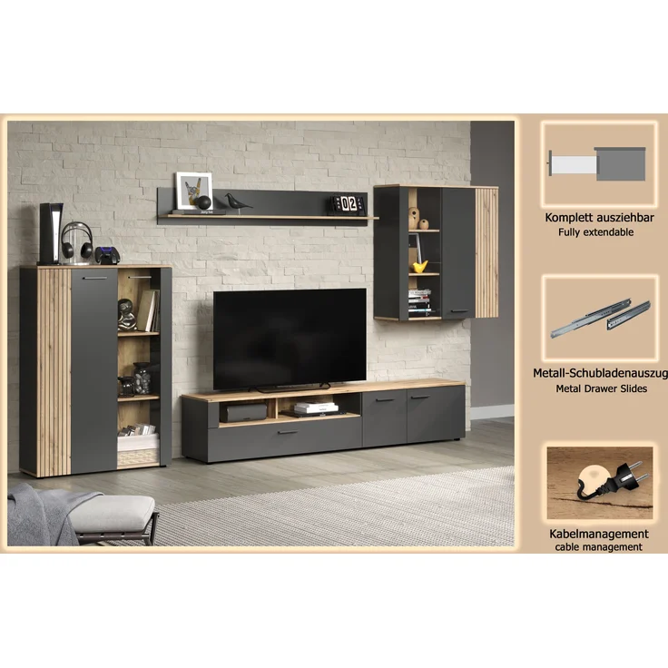 Wohnwand Esteban in grau und Eiche Evoke 340 cm – Bild 15